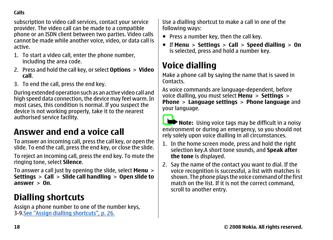 Answer and end a voice call, Dialling shortcuts, Voice dialling | Nokia 6260 User Manual | Page 18 / 58
