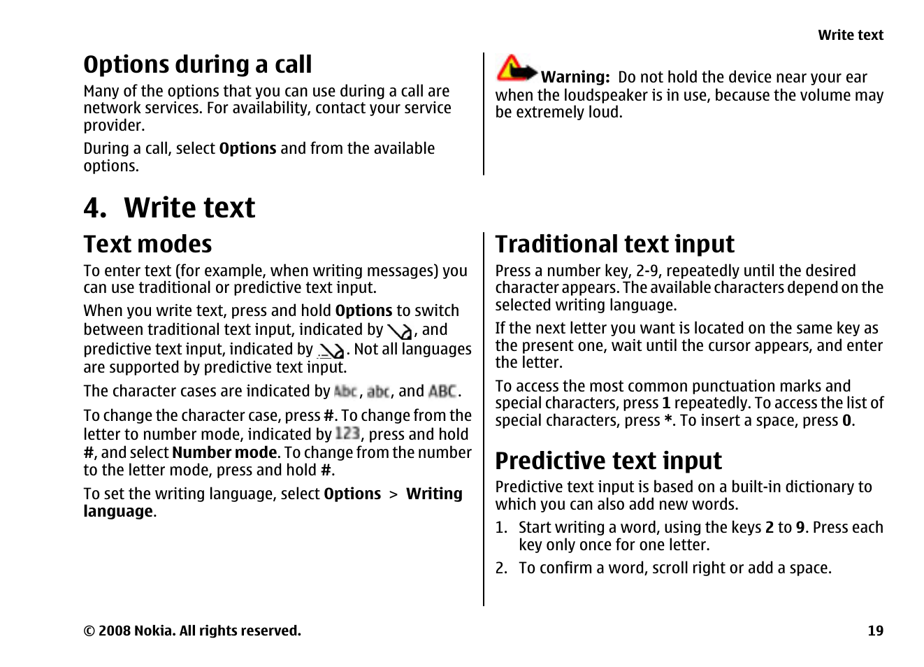 Options during a call, Write text, Text modes | Traditional text input, Predictive text input | Nokia 6260 User Manual | Page 19 / 58