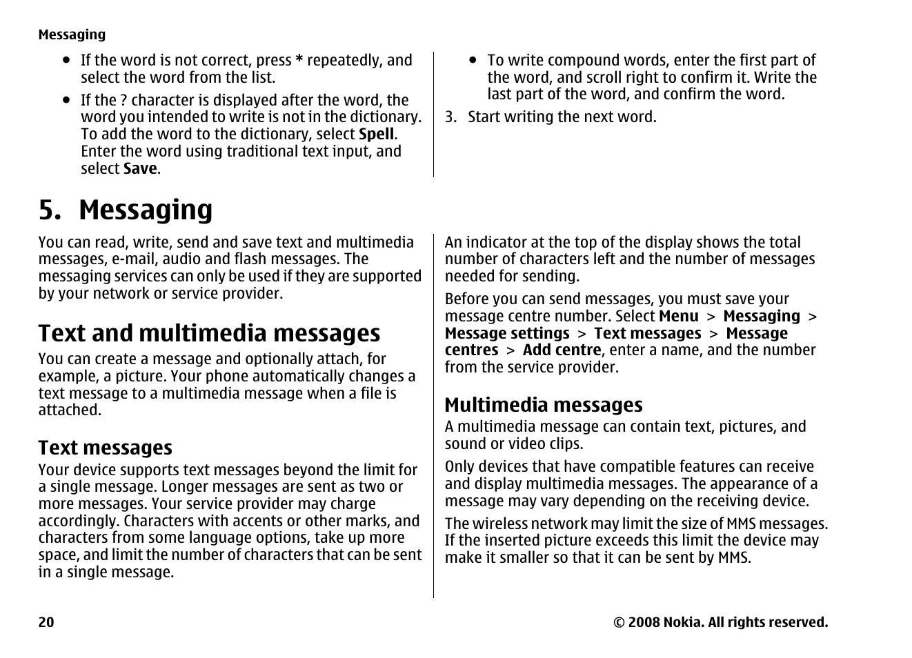 Messaging, Text and multimedia messages, Text messages | Multimedia messages | Nokia 6260 User Manual | Page 20 / 58