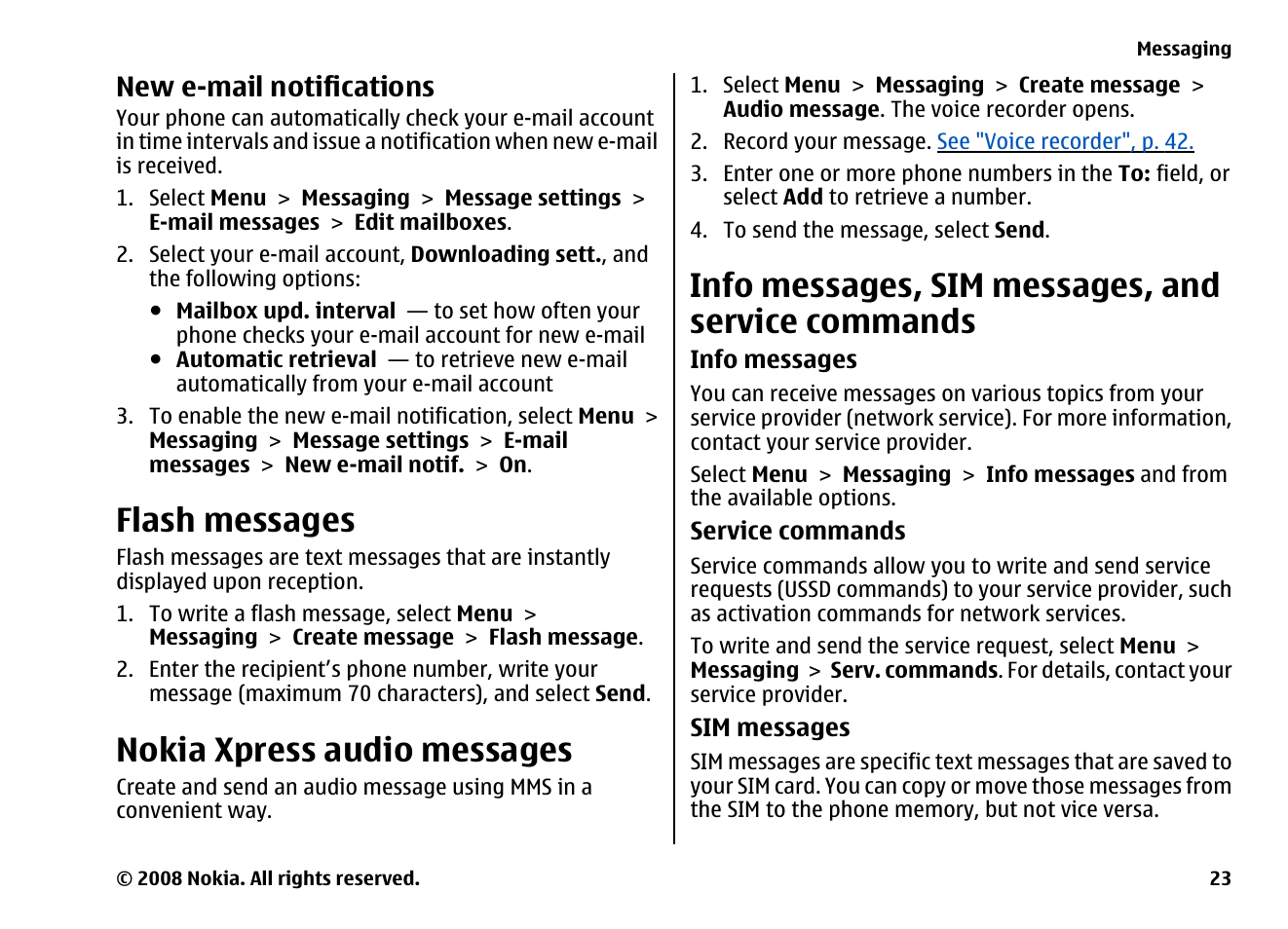 New e-mail notifications, Flash messages, Nokia xpress audio messages | Info messages, sim messages, and service commands, Info messages, sim messages, and service, Commands | Nokia 6260 User Manual | Page 23 / 58