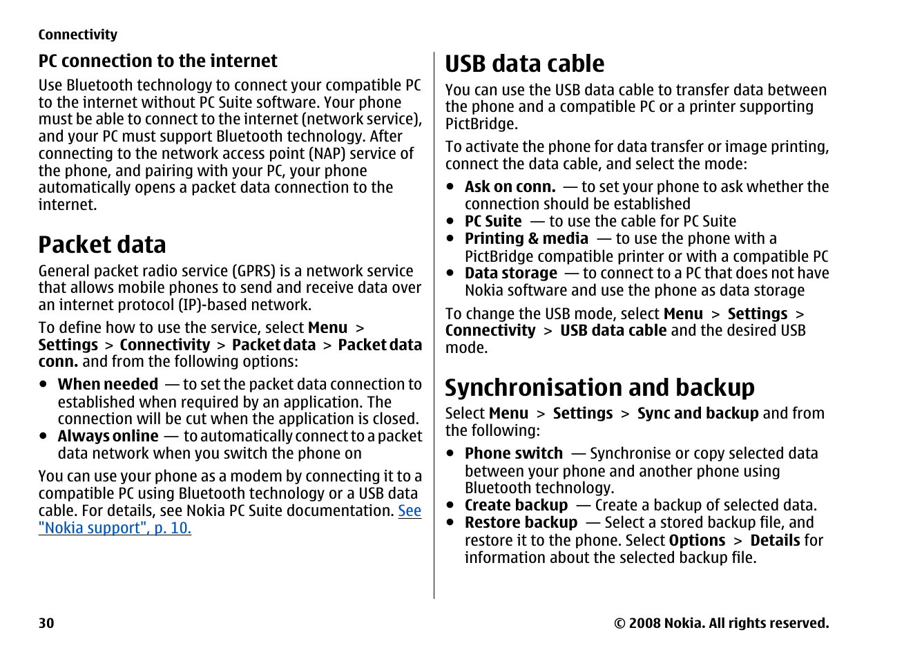 Packet data, Usb data cable, Synchronisation and backup | Nokia 6260 User Manual | Page 30 / 58