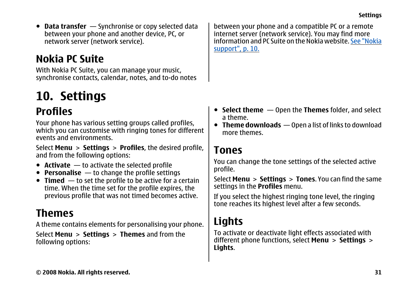 Nokia pc suite, Settings, Profiles | Themes, Tones, Lights | Nokia 6260 User Manual | Page 31 / 58