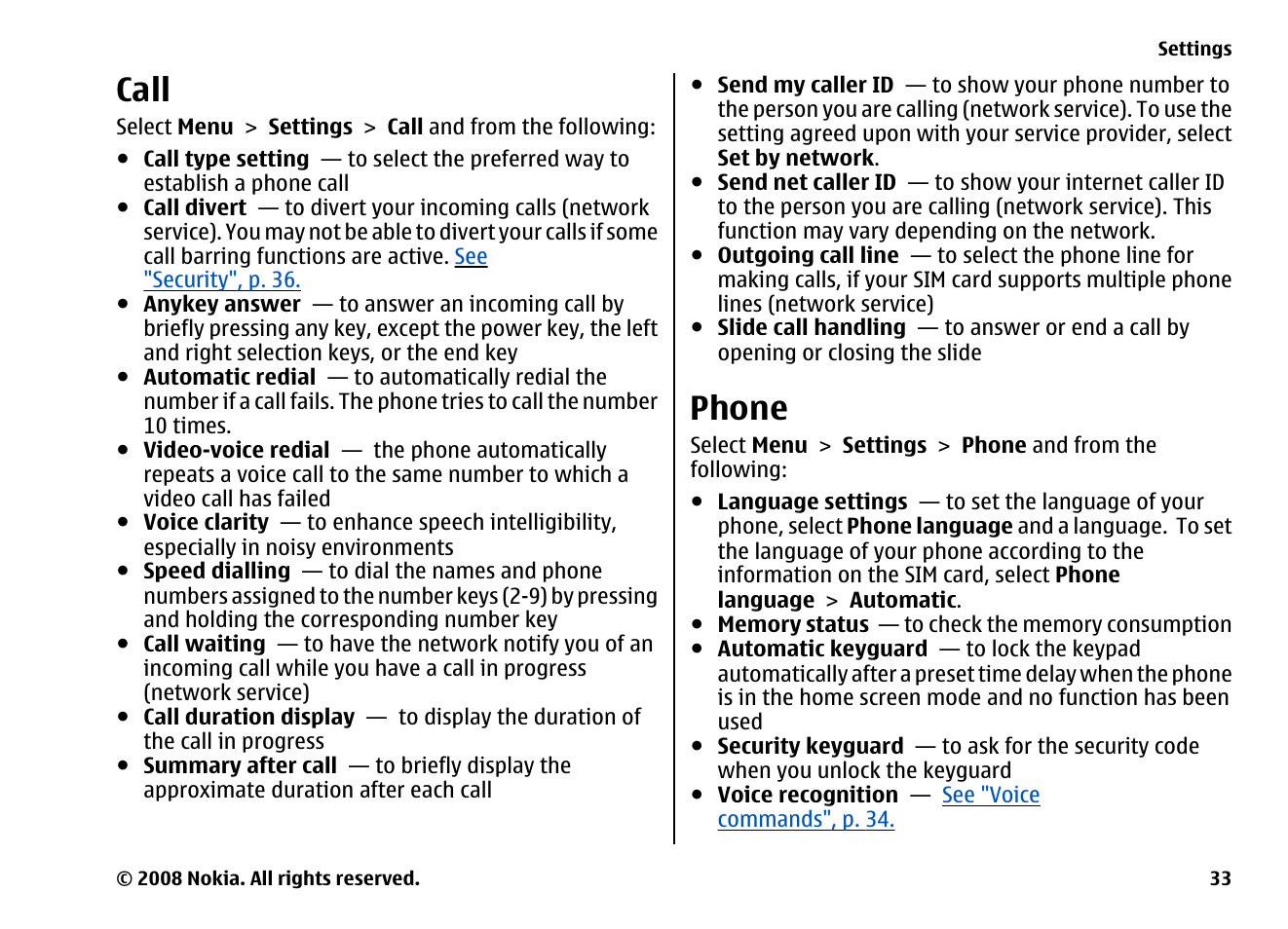 Call, Phone, Keyguard | See "phone", p. 33 | Nokia 6260 User Manual | Page 33 / 58
