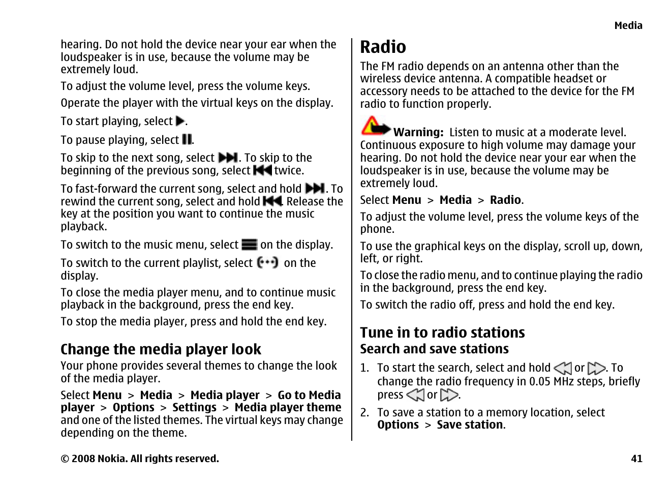 Change the media player look, Radio, Tune in to radio stations | Nokia 6260 User Manual | Page 41 / 58