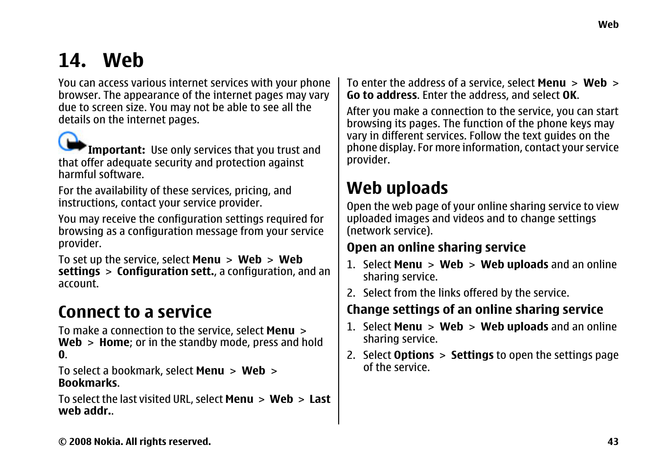 Connect to a service, Web uploads, See "web | Uploads", p. 43 | Nokia 6260 User Manual | Page 43 / 58