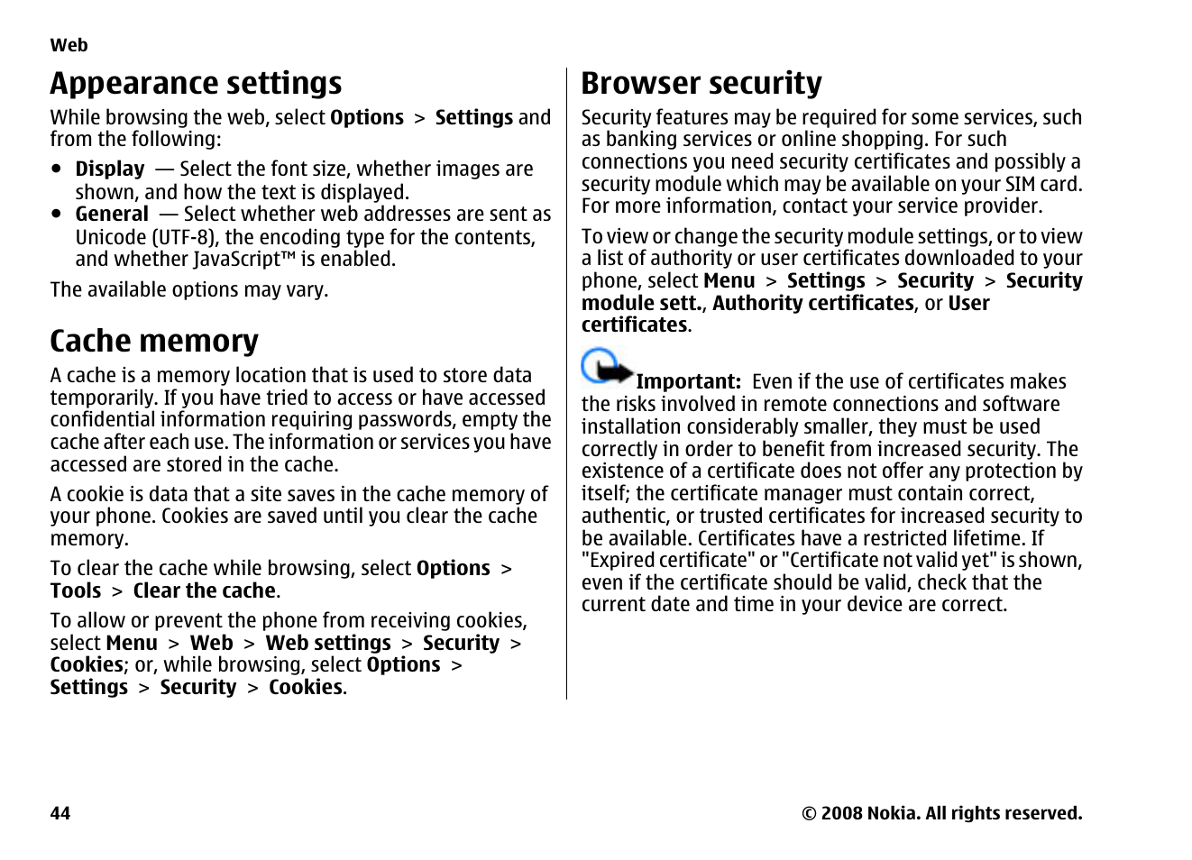 Appearance settings, Cache memory, Browser security | Nokia 6260 User Manual | Page 44 / 58