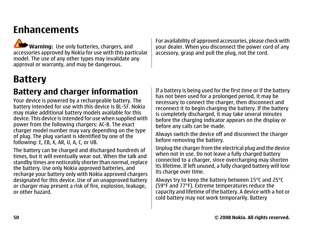 Enhancements, Battery, Battery and charger information | Nokia 6260 User Manual | Page 50 / 58