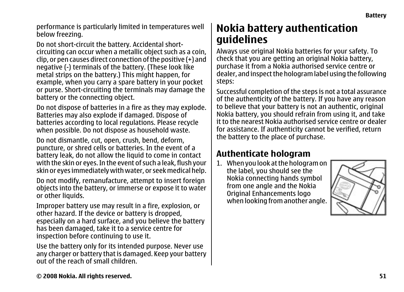 Nokia battery authentication guidelines, Authenticate hologram | Nokia 6260 User Manual | Page 51 / 58