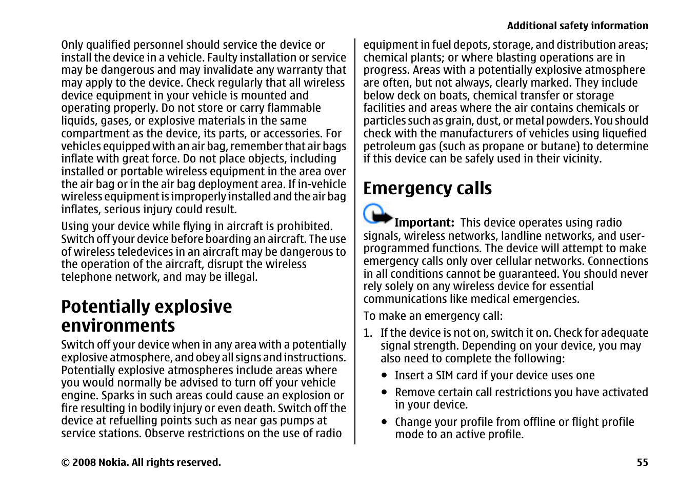 Potentially explosive environments, Emergency calls | Nokia 6260 User Manual | Page 55 / 58