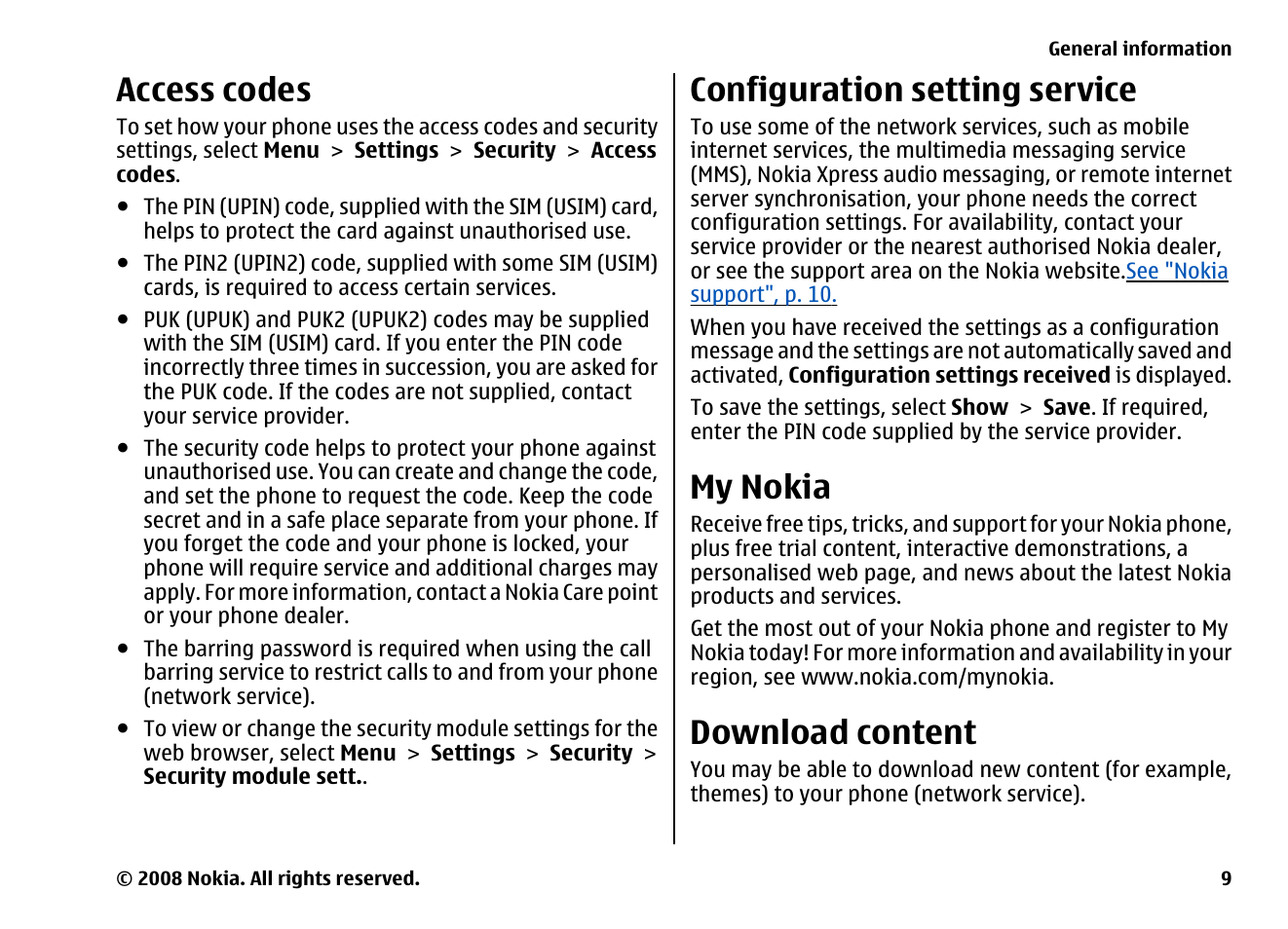 Access codes, Configuration setting service, My nokia | Download content | Nokia 6260 User Manual | Page 9 / 58