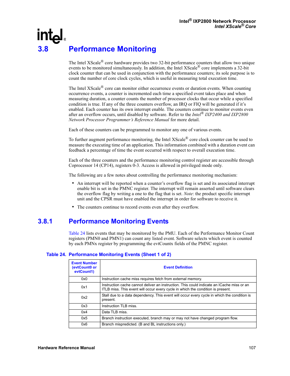 8 performance monitoring, 1 performance monitoring events, Performance monitoring 3.8.1 | Performance monitoring events, 24 performance monitoring events | Intel NETWORK PROCESSOR IXP2800 User Manual | Page 107 / 430