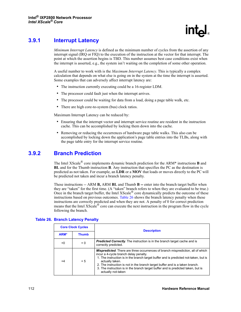 1 interrupt latency, 2 branch prediction, Interrupt latency | Branch prediction, 26 branch latency penalty | Intel NETWORK PROCESSOR IXP2800 User Manual | Page 112 / 430