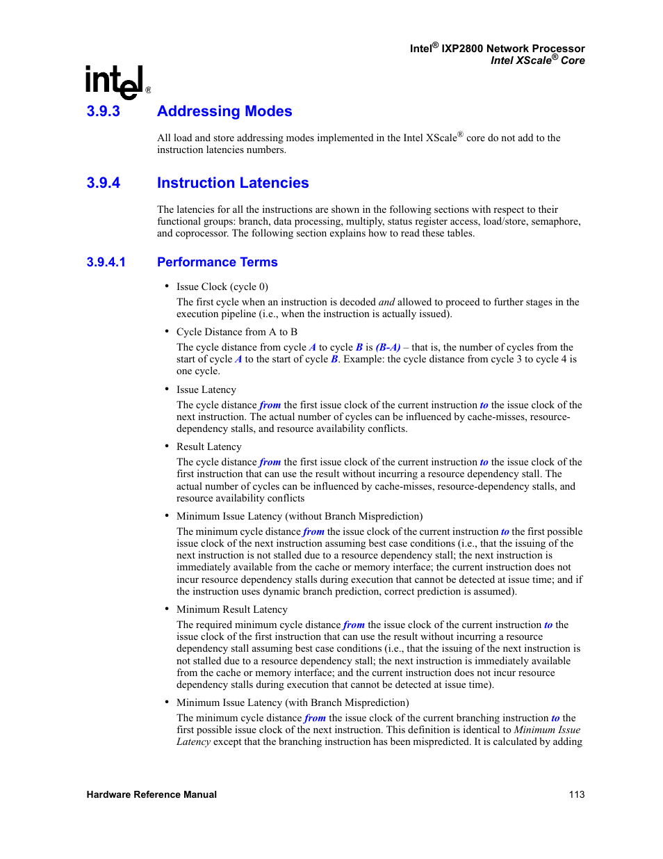 3 addressing modes, 4 instruction latencies, 1 performance terms | Addressing modes, Instruction latencies 3.9.4.1, Performance terms | Intel NETWORK PROCESSOR IXP2800 User Manual | Page 113 / 430