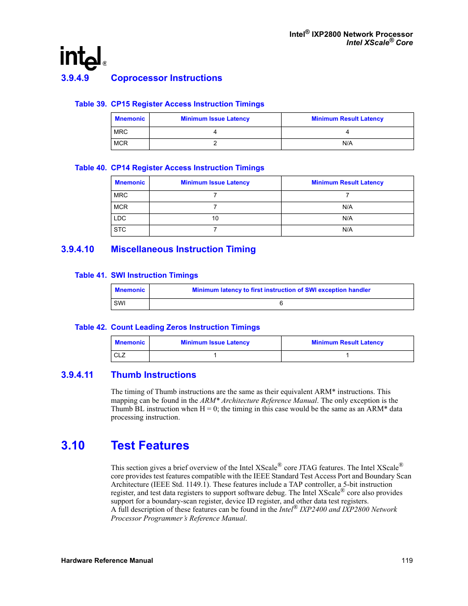 9 coprocessor instructions, 10 miscellaneous instruction timing, 11 thumb instructions | 10 test features, Coprocessor instructions | Intel NETWORK PROCESSOR IXP2800 User Manual | Page 119 / 430