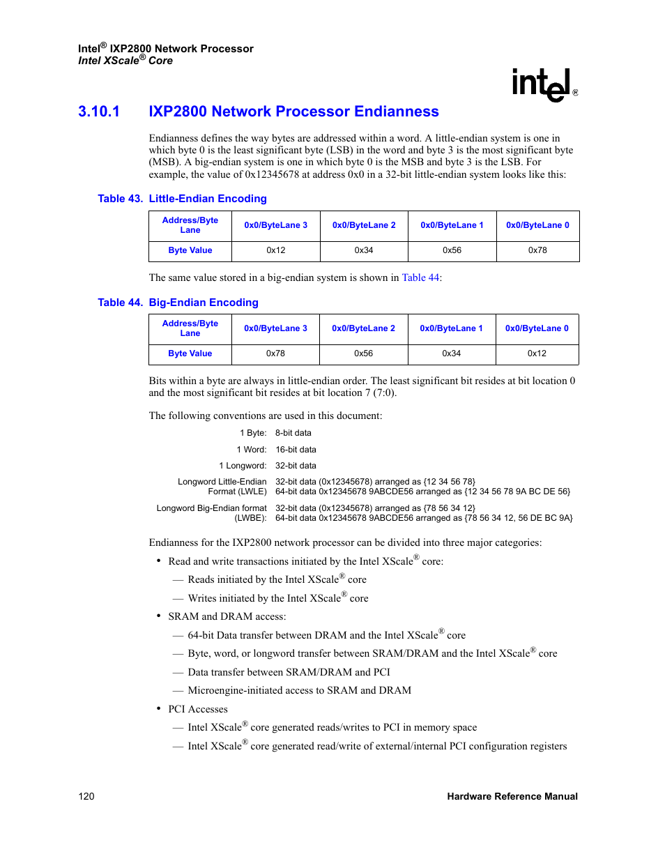 1 ixp2800 network processor endianness, 43 little-endian encoding 44 big-endian encoding | Intel NETWORK PROCESSOR IXP2800 User Manual | Page 120 / 430