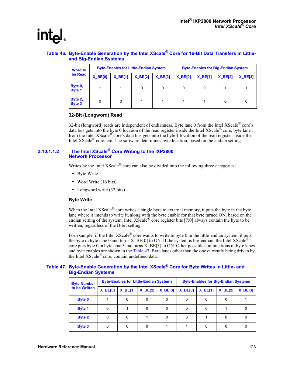 2 the intel xscale, 46 byte-enable generation by the intel xscale, 47 byte-enable generation by the intel xscale | Table 46 | Intel NETWORK PROCESSOR IXP2800 User Manual | Page 123 / 430