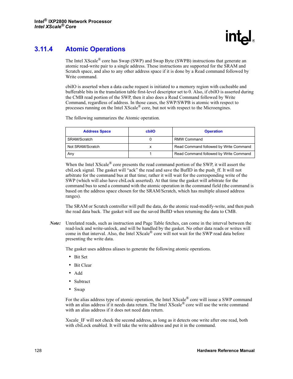 4 atomic operations, Section 3.11.4 | Intel NETWORK PROCESSOR IXP2800 User Manual | Page 128 / 430