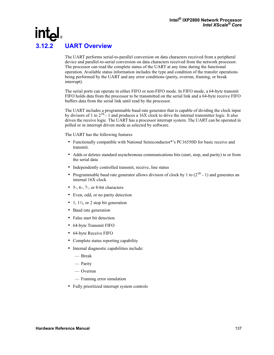 2 uart overview | Intel NETWORK PROCESSOR IXP2800 User Manual | Page 137 / 430