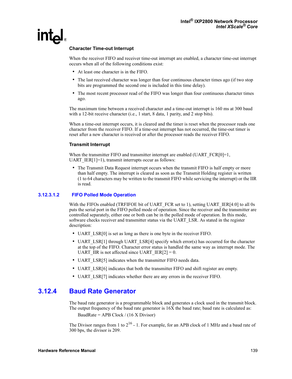 2 fifo polled mode operation, 4 baud rate generator | Intel NETWORK PROCESSOR IXP2800 User Manual | Page 139 / 430