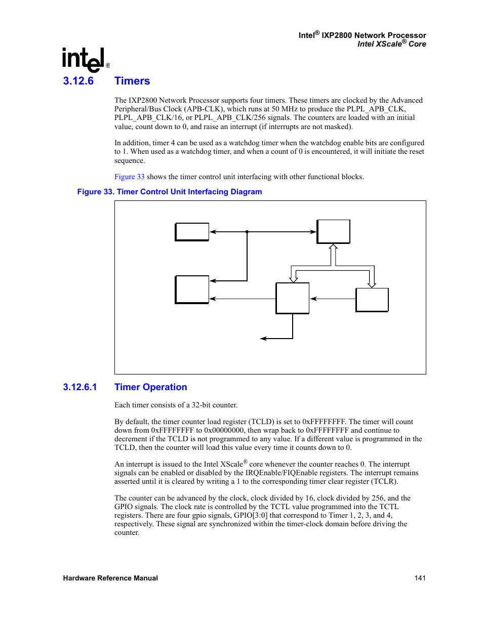 6 timers, 1 timer operation, 33 timer control unit interfacing diagram | Intel NETWORK PROCESSOR IXP2800 User Manual | Page 141 / 430