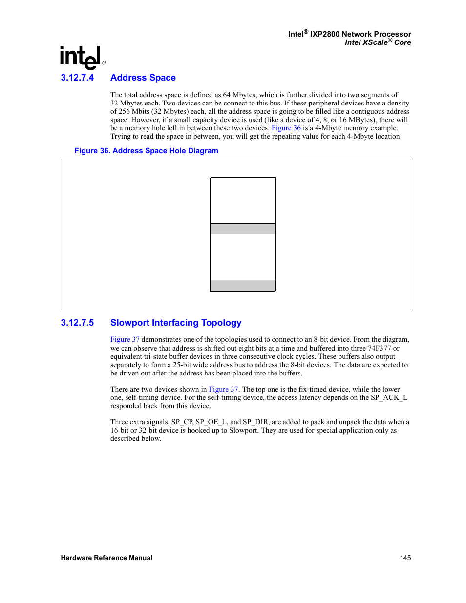 4 address space, 5 slowport interfacing topology, 36 address space hole diagram | Intel NETWORK PROCESSOR IXP2800 User Manual | Page 145 / 430