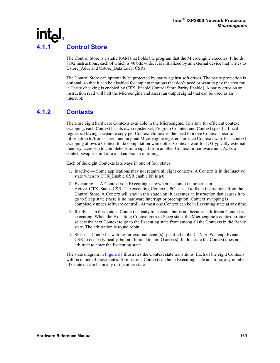 1 control store, 2 contexts, Control store | Contexts | Intel NETWORK PROCESSOR IXP2800 User Manual | Page 169 / 430