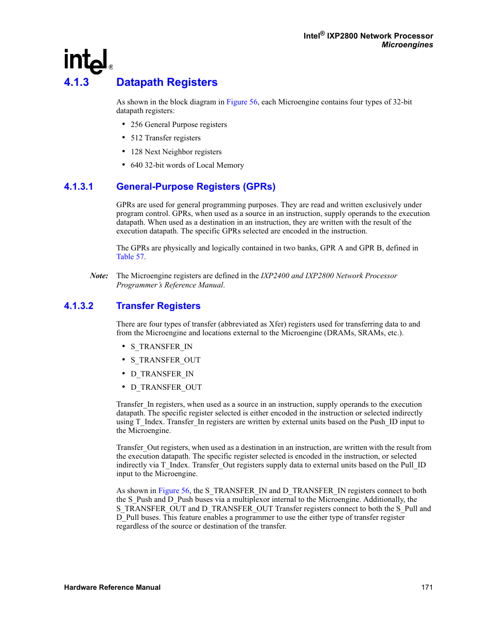 3 datapath registers, 1 general-purpose registers (gprs), 2 transfer registers | Datapath registers 4.1.3.1, General-purpose registers (gprs), Transfer registers | Intel NETWORK PROCESSOR IXP2800 User Manual | Page 171 / 430