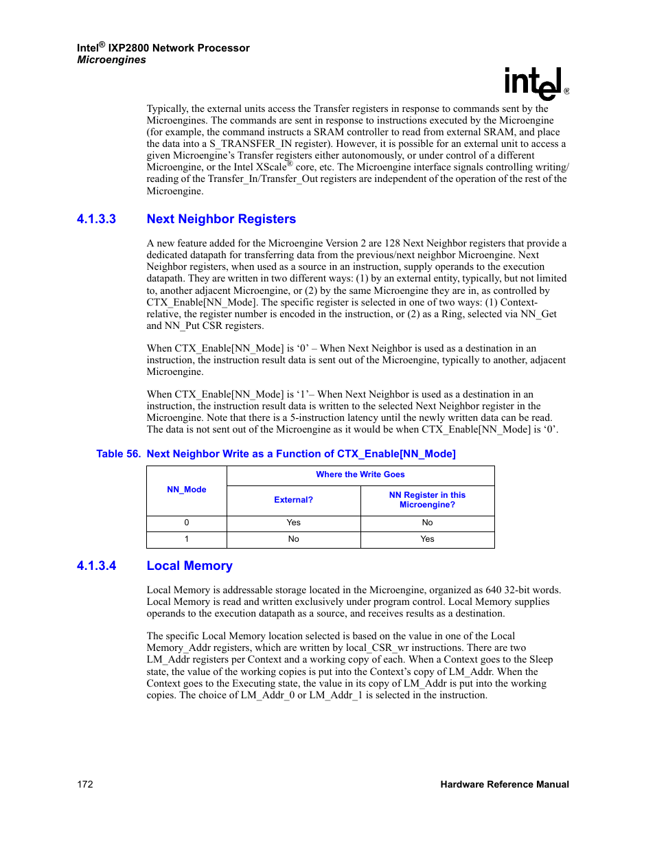 3 next neighbor registers, 4 local memory, Next neighbor registers | Local memory | Intel NETWORK PROCESSOR IXP2800 User Manual | Page 172 / 430