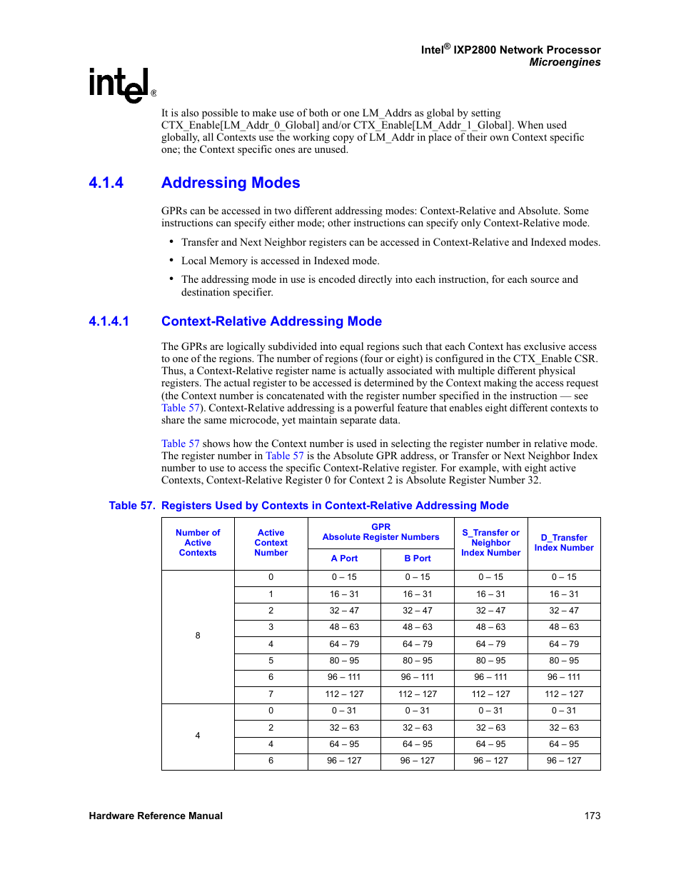 4 addressing modes, 1 context-relative addressing mode, Addressing modes 4.1.4.1 | Context-relative addressing mode, Table 57 | Intel NETWORK PROCESSOR IXP2800 User Manual | Page 173 / 430