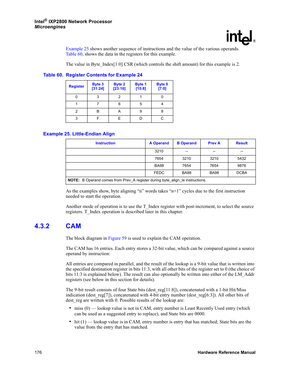 2 cam, 60 register contents for example 24 | Intel NETWORK PROCESSOR IXP2800 User Manual | Page 176 / 430