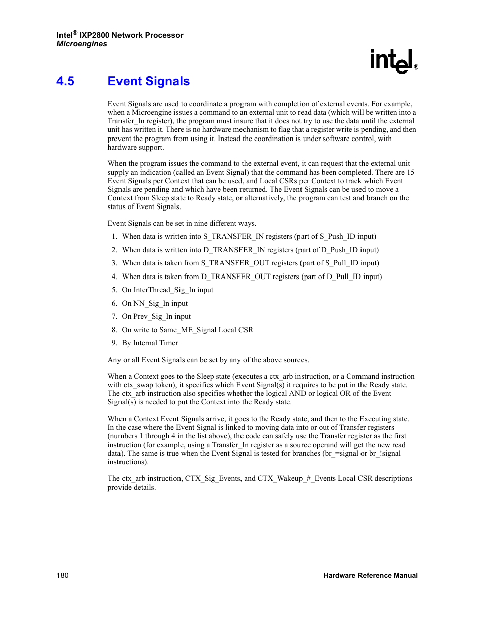 5 event signals, Event signals | Intel NETWORK PROCESSOR IXP2800 User Manual | Page 180 / 430