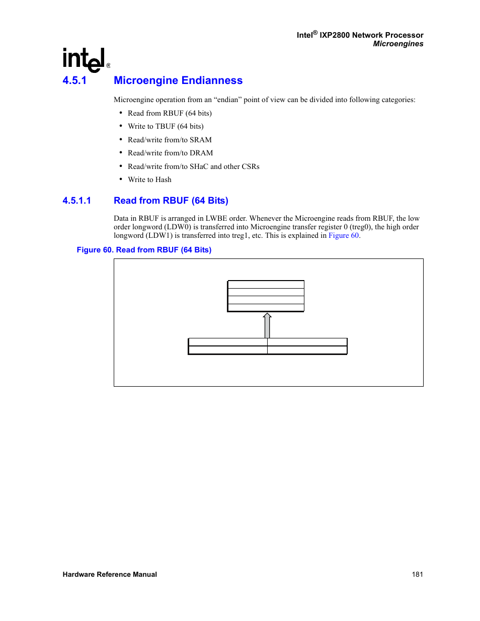 1 microengine endianness, 1 read from rbuf (64 bits), Microengine endianness 4.5.1.1 | Read from rbuf (64 bits), 60 read from rbuf (64 bits) | Intel NETWORK PROCESSOR IXP2800 User Manual | Page 181 / 430