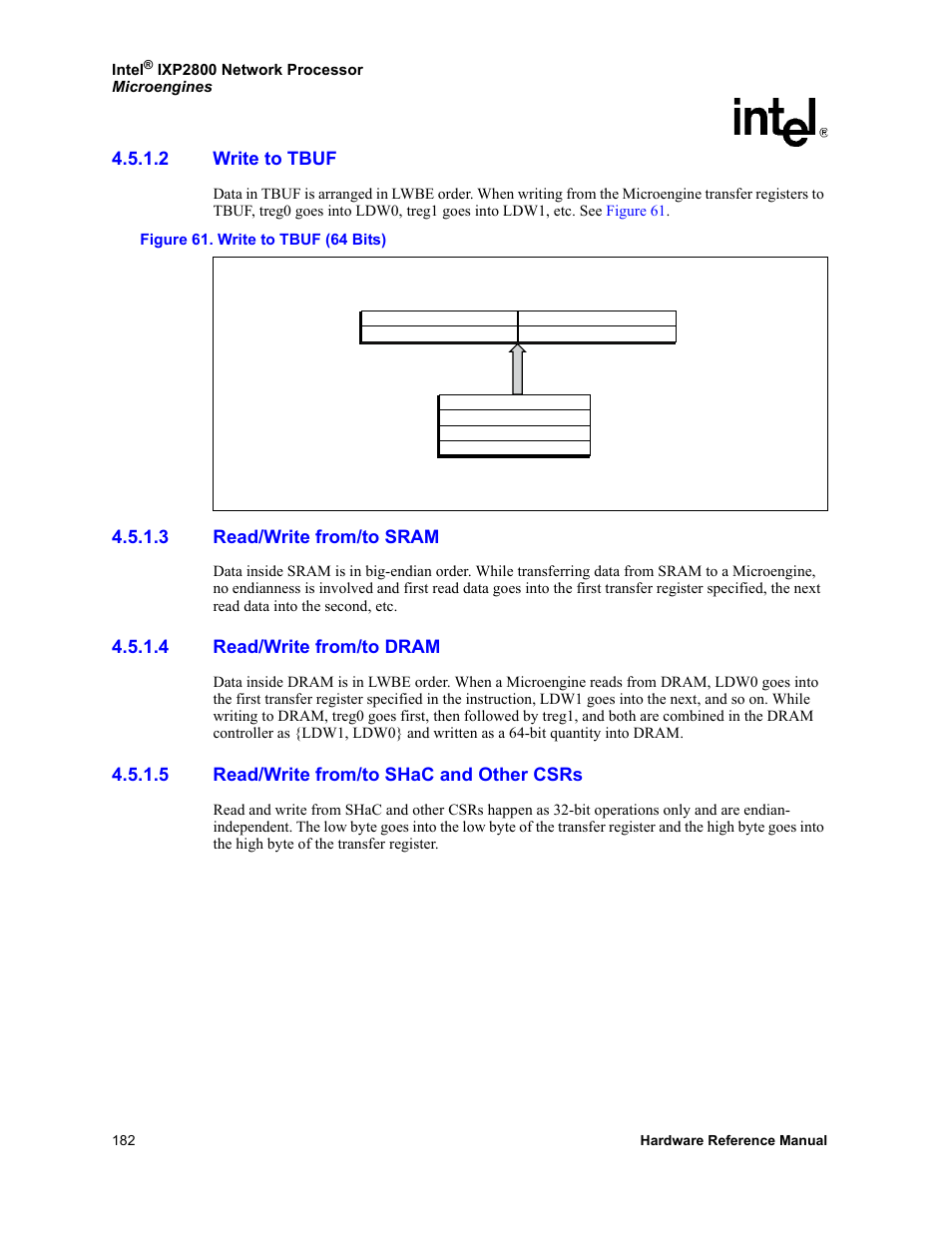 2 write to tbuf, 3 read/write from/to sram, 4 read/write from/to dram | 5 read/write from/to shac and other csrs, Write to tbuf, Read/write from/to sram, Read/write from/to dram, Read/write from/to shac and other csrs, 61 write to tbuf (64 bits) | Intel NETWORK PROCESSOR IXP2800 User Manual | Page 182 / 430