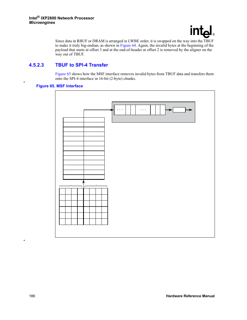 3 tbuf to spi-4 transfer, Tbuf to spi-4 transfer, 65 msf interface | Intel | Intel NETWORK PROCESSOR IXP2800 User Manual | Page 186 / 430