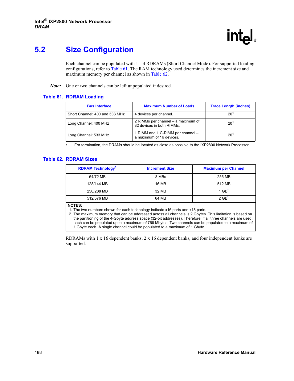 2 size configuration, Size configuration, 61 rdram loading 62 rdram sizes | Section 5.2, For supp | Intel NETWORK PROCESSOR IXP2800 User Manual | Page 188 / 430