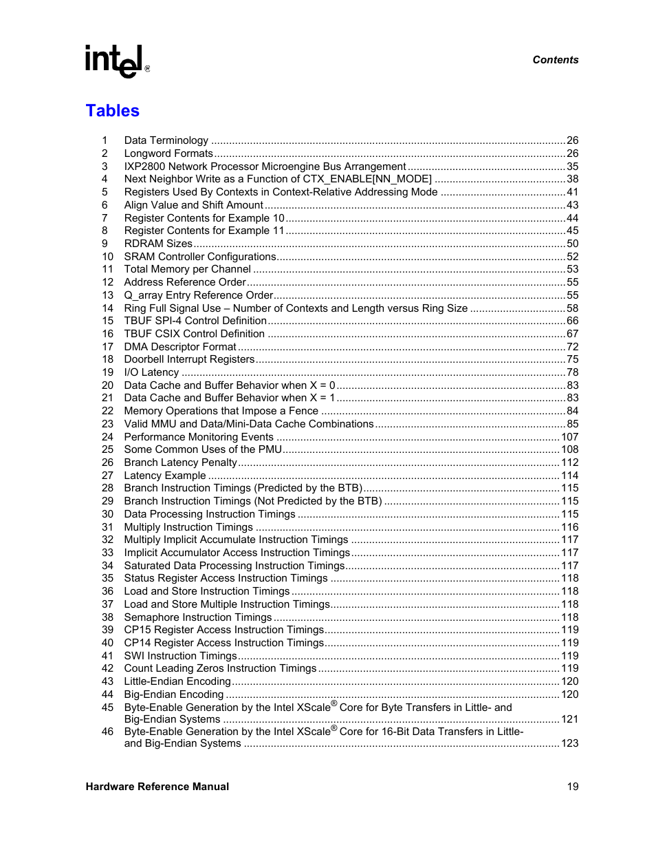 Tables | Intel NETWORK PROCESSOR IXP2800 User Manual | Page 19 / 430
