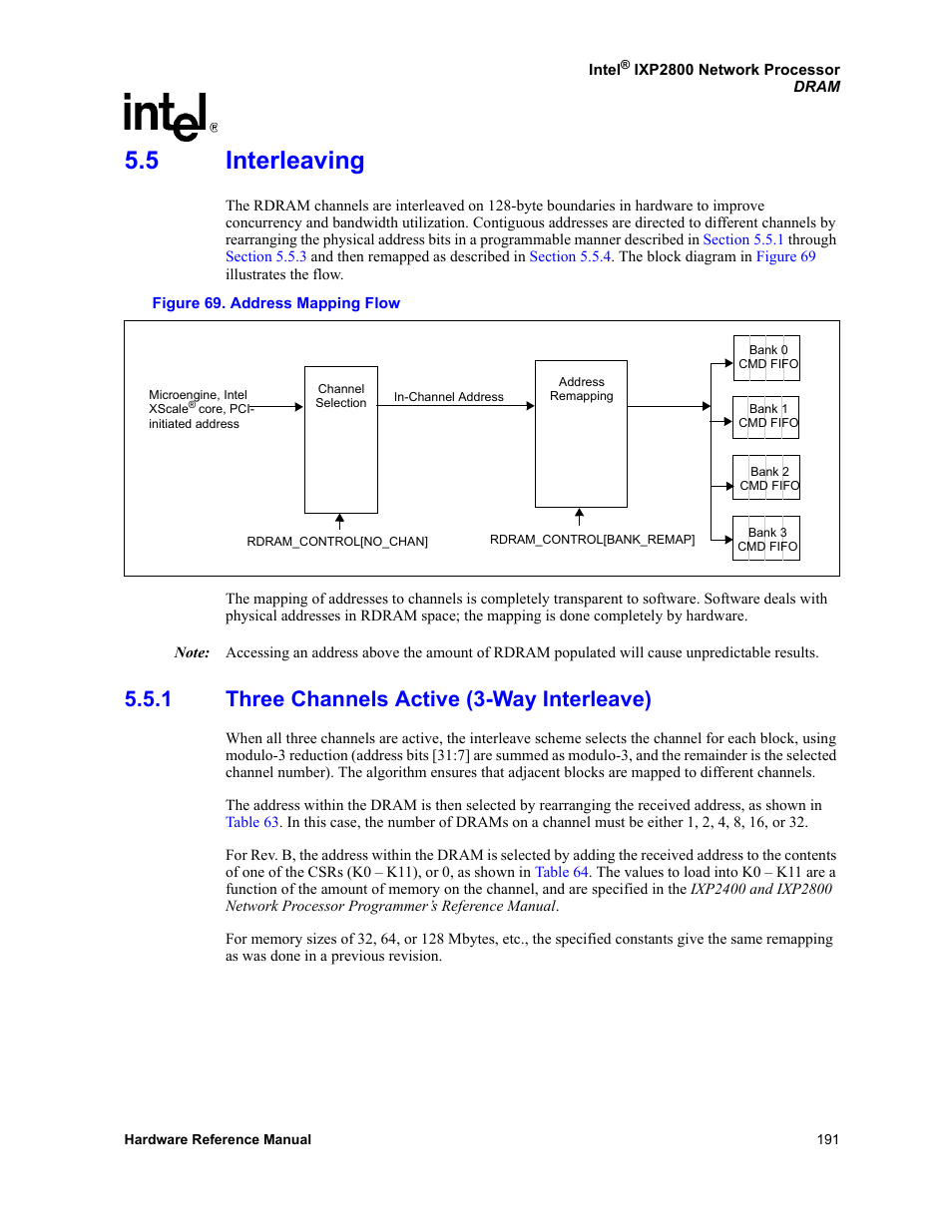 5 interleaving, 1 three channels active (3-way interleave), Interleaving 5.5.1 | Three channels active (3-way interleave), 69 address mapping flow | Intel NETWORK PROCESSOR IXP2800 User Manual | Page 191 / 430