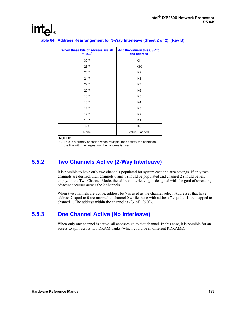 2 two channels active (2-way interleave), 3 one channel active (no interleave), Two channels active (2-way interleave) | One channel active (no interleave), Section 5.5.3, Table 64 | Intel NETWORK PROCESSOR IXP2800 User Manual | Page 193 / 430