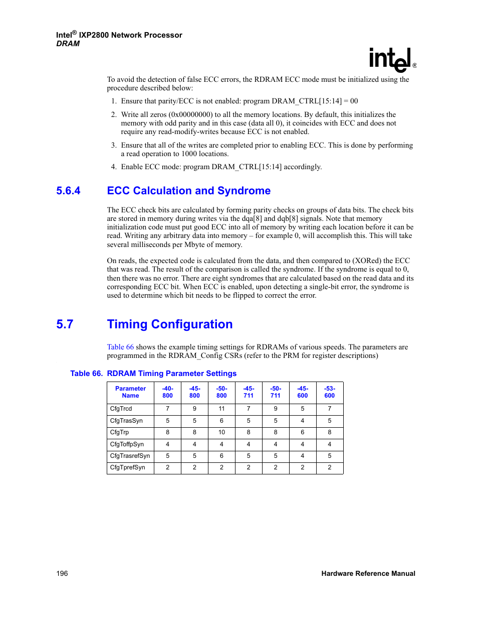 4 ecc calculation and syndrome, 7 timing configuration, Ecc calculation and syndrome | Timing configuration, 66 rdram timing parameter settings | Intel NETWORK PROCESSOR IXP2800 User Manual | Page 196 / 430