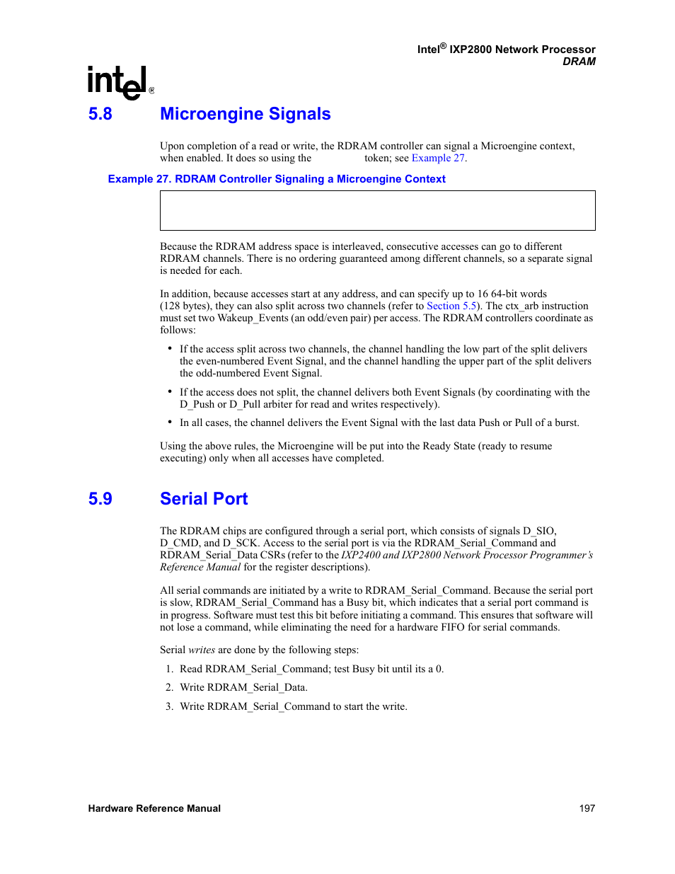 8 microengine signals, 9 serial port, Microengine signals | Serial port | Intel NETWORK PROCESSOR IXP2800 User Manual | Page 197 / 430