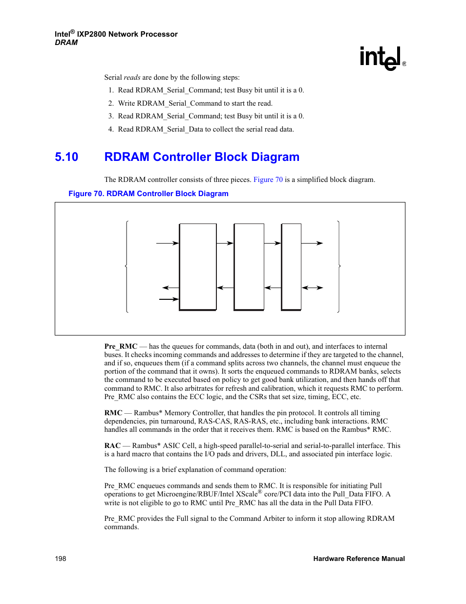 10 rdram controller block diagram, 70 rdram controller block diagram | Intel NETWORK PROCESSOR IXP2800 User Manual | Page 198 / 430