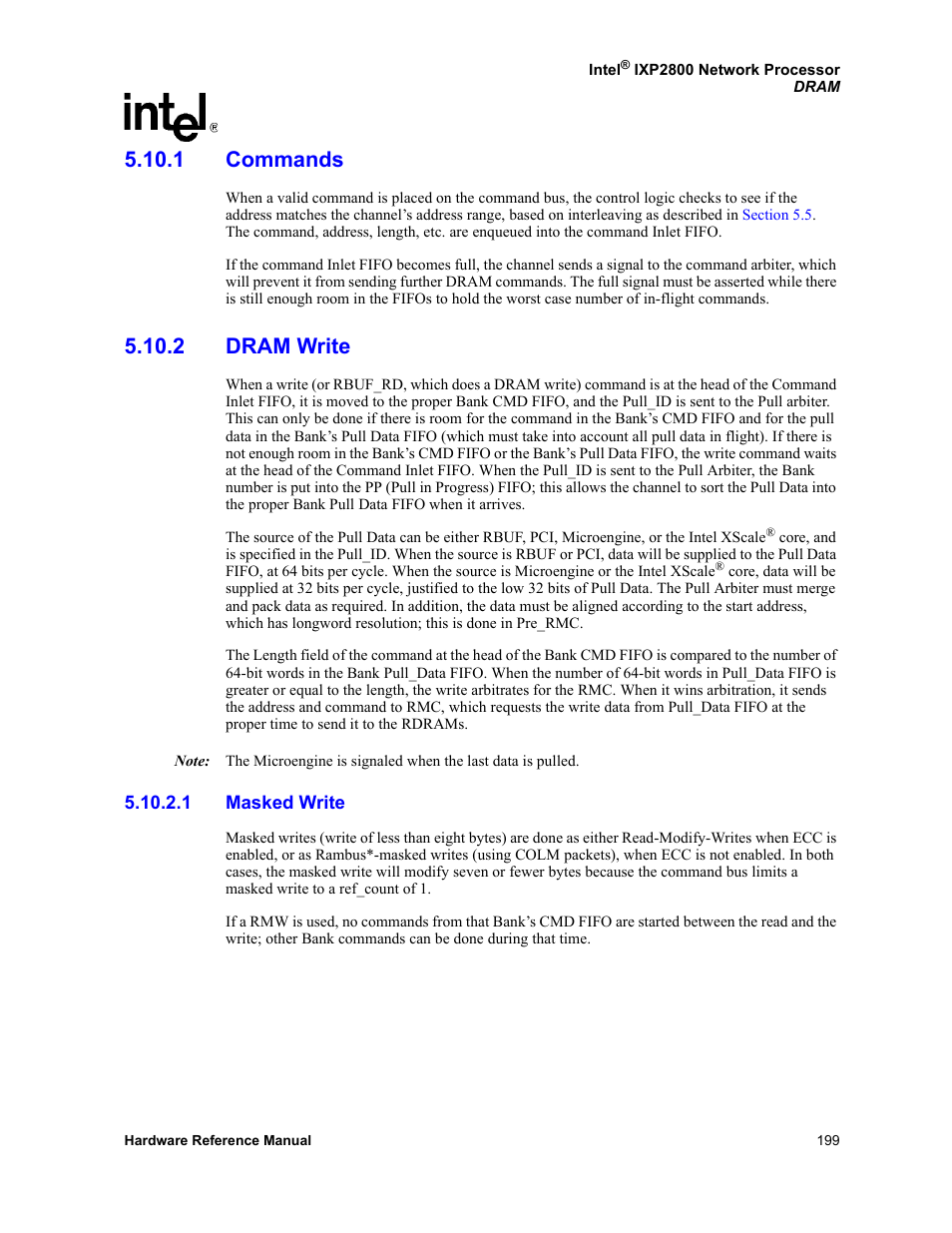 1 commands, 2 dram write, 1 masked write | 1 commands 5.10.2 dram write | Intel NETWORK PROCESSOR IXP2800 User Manual | Page 199 / 430