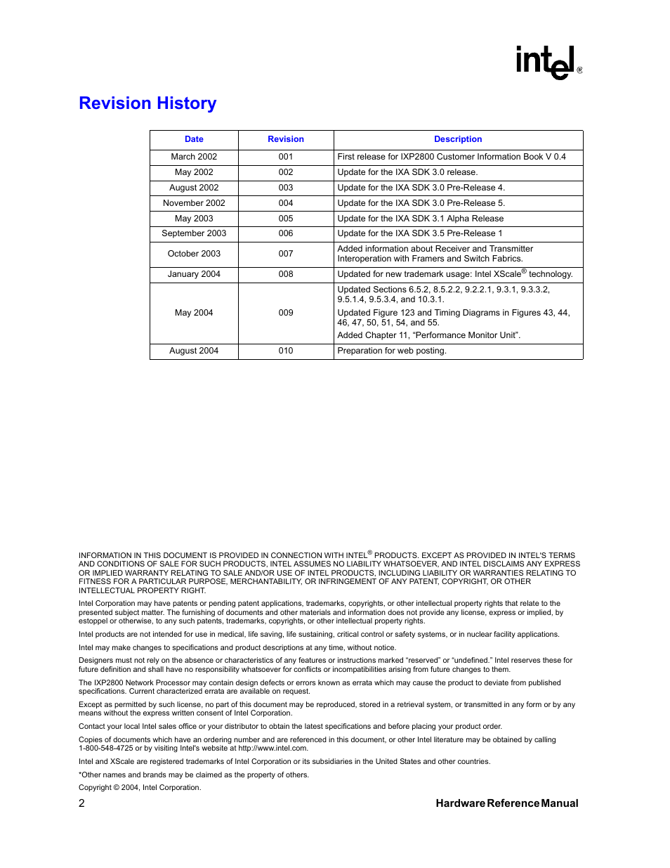 Copyright, Revision history | Intel NETWORK PROCESSOR IXP2800 User Manual | Page 2 / 430