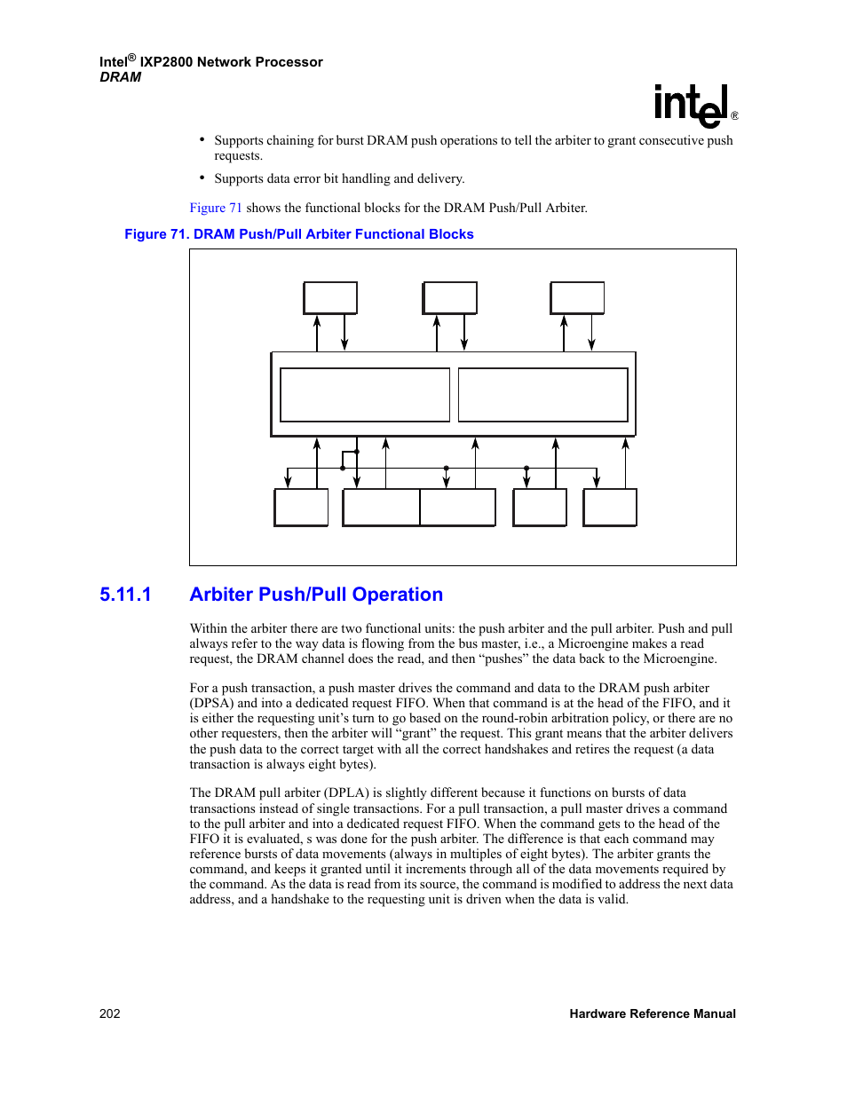 1 arbiter push/pull operation, 71 dram push/pull arbiter functional blocks | Intel NETWORK PROCESSOR IXP2800 User Manual | Page 202 / 430