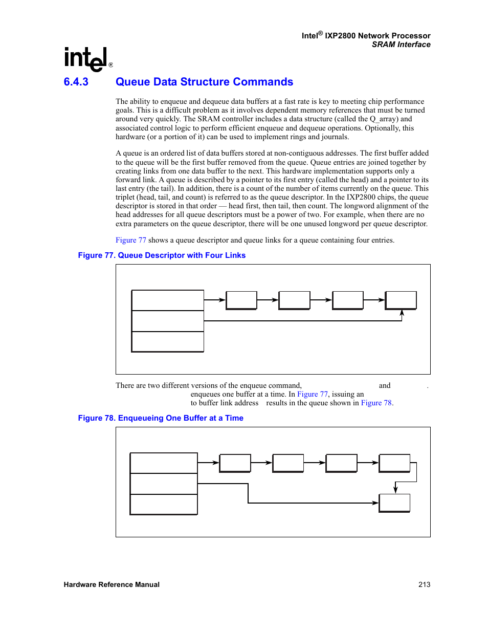 3 queue data structure commands, Queue data structure commands | Intel NETWORK PROCESSOR IXP2800 User Manual | Page 213 / 430