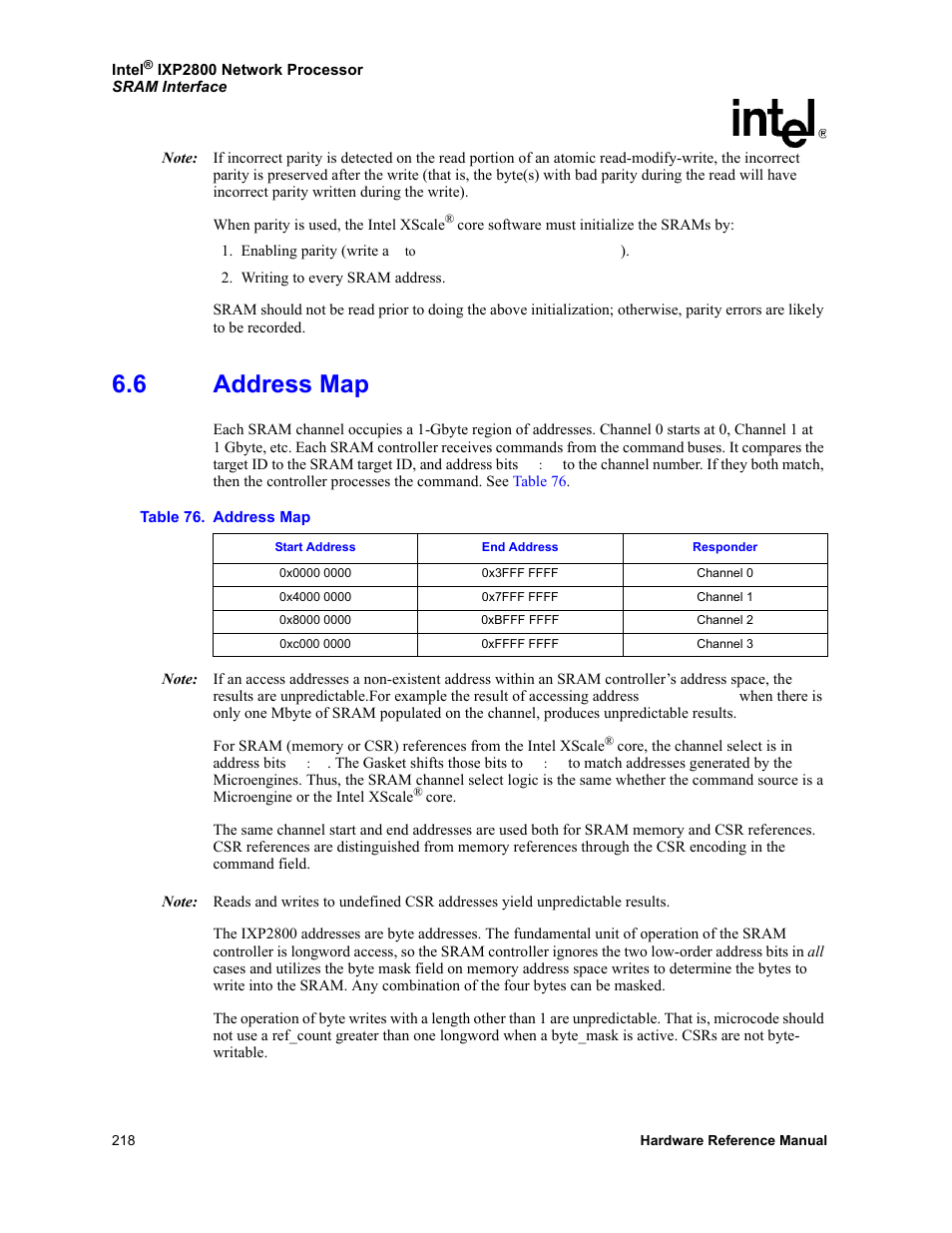 6 address map, Address map, 76 address map | Intel NETWORK PROCESSOR IXP2800 User Manual | Page 218 / 430