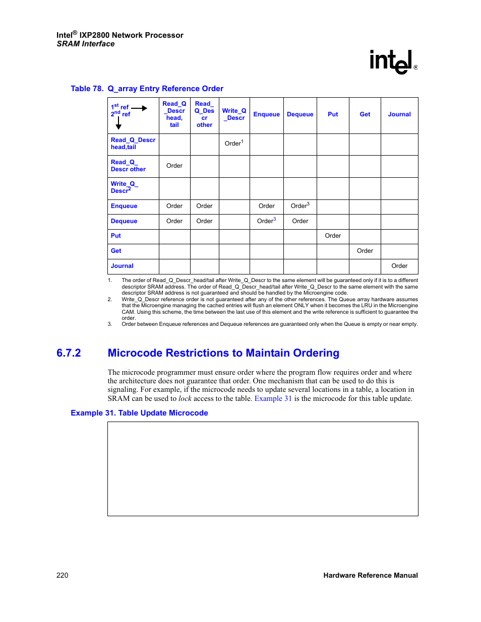 2 microcode restrictions to maintain ordering, Microcode restrictions to maintain ordering, 78 q_array entry reference order | Table 78, Shows | Intel NETWORK PROCESSOR IXP2800 User Manual | Page 220 / 430