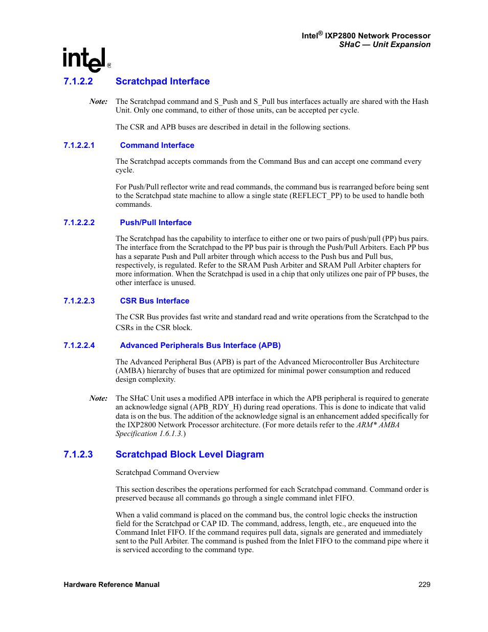 2 scratchpad interface, 1 command interface, 2 push/pull interface | 3 csr bus interface, 4 advanced peripherals bus interface (apb), 3 scratchpad block level diagram, Scratchpad interface, Scratchpad block level diagram | Intel NETWORK PROCESSOR IXP2800 User Manual | Page 229 / 430