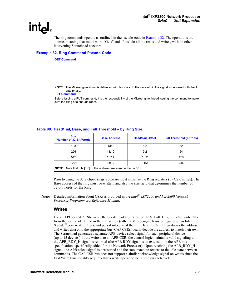 Writes | Intel NETWORK PROCESSOR IXP2800 User Manual | Page 233 / 430
