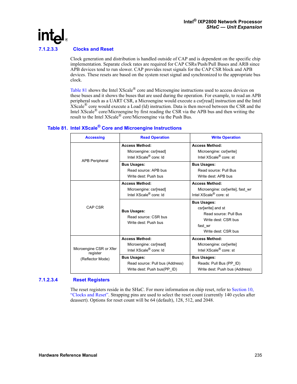 3 clocks and reset, 4 reset registers, 81 intel xscale® core and microengine instructions | Intel NETWORK PROCESSOR IXP2800 User Manual | Page 235 / 430